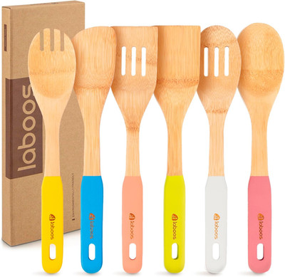 Colorful Bamboo Wooden Spoons for Cooking, 6-Piece Kitchen Utensil Set   Nons...