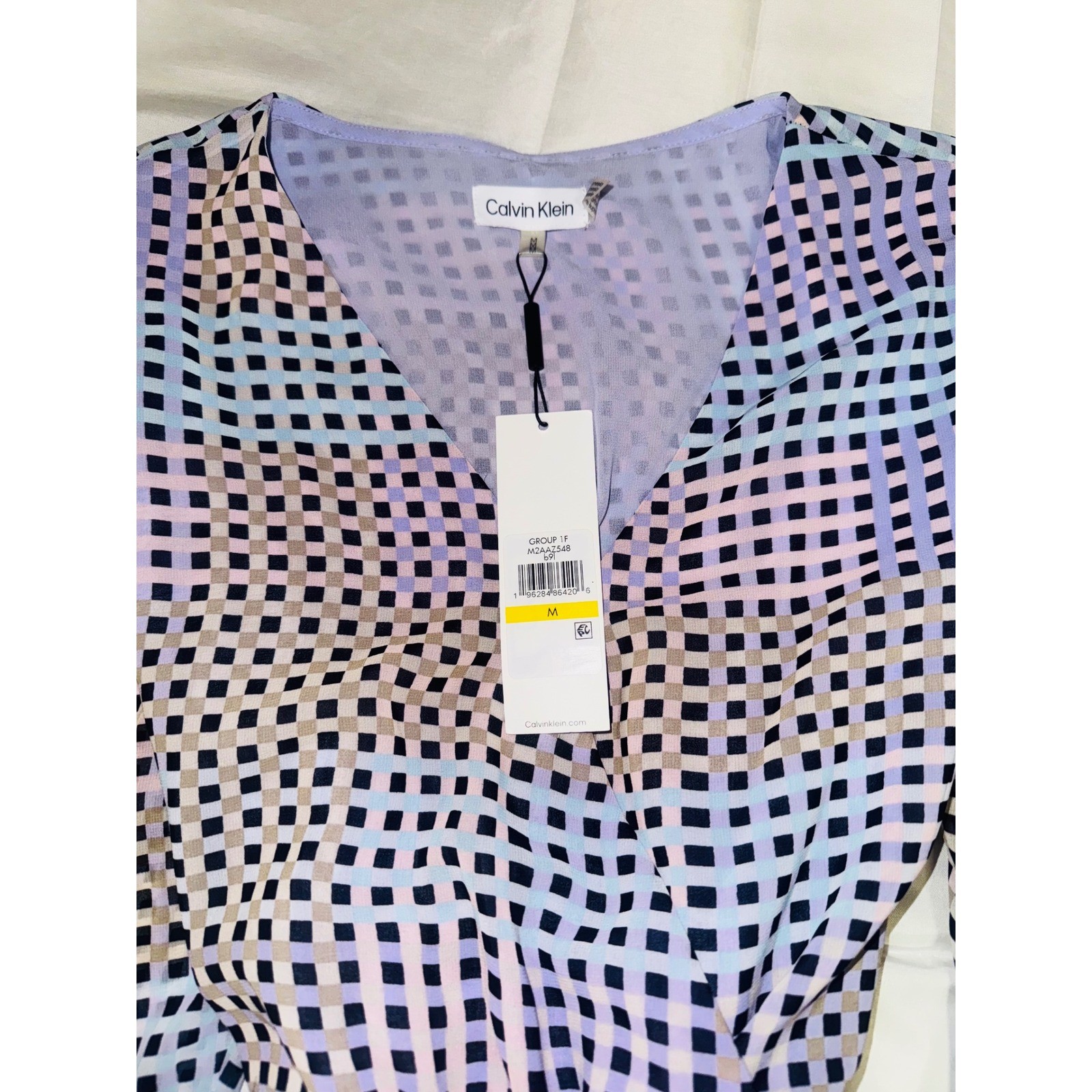 Calvin Klein Women's Puff Sleeve Wrap Blouse Pastel Check Print Size M thumbnail 3