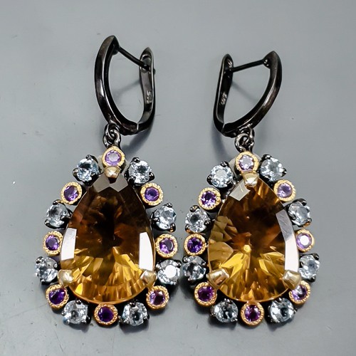Fine Art 38 ct Natural Citrine Quartz Earrings 925 Sterling Silver /E121803