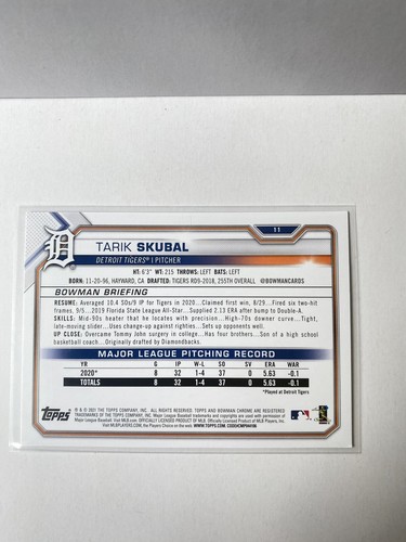 Tarik Skubal 2021 Bowman #11 Base Rookie RC Detroit Tigers Card - Picture 4 of 4