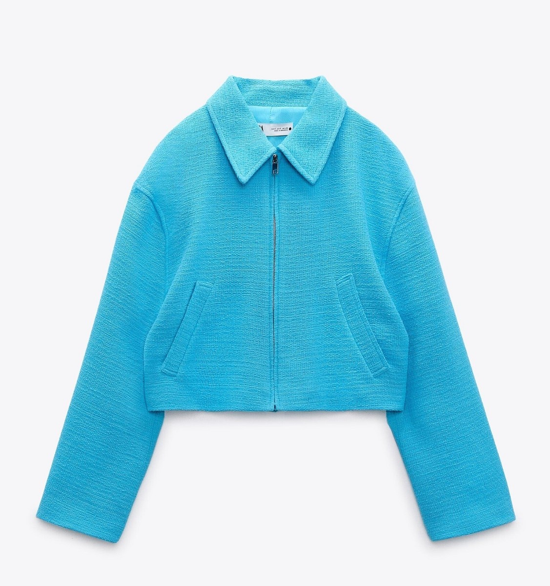 Zara Cropped Textured Bomber Jacket Sky Blue XS S M Small