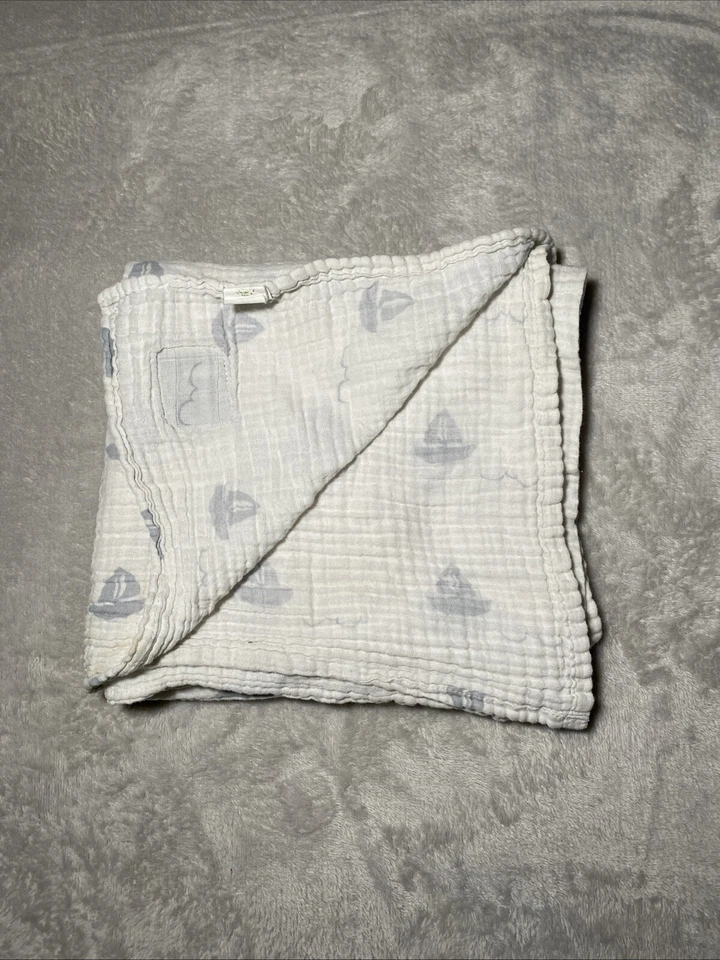 Manta de algodón orgánico Mart bebé veleros olas azul gris blanco muselina Foto 2 de 4