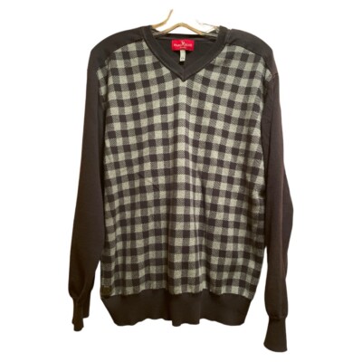 Marc Ecko Cut & Sew Sweater Mens XL Cotton V Neck Checked Black Gray