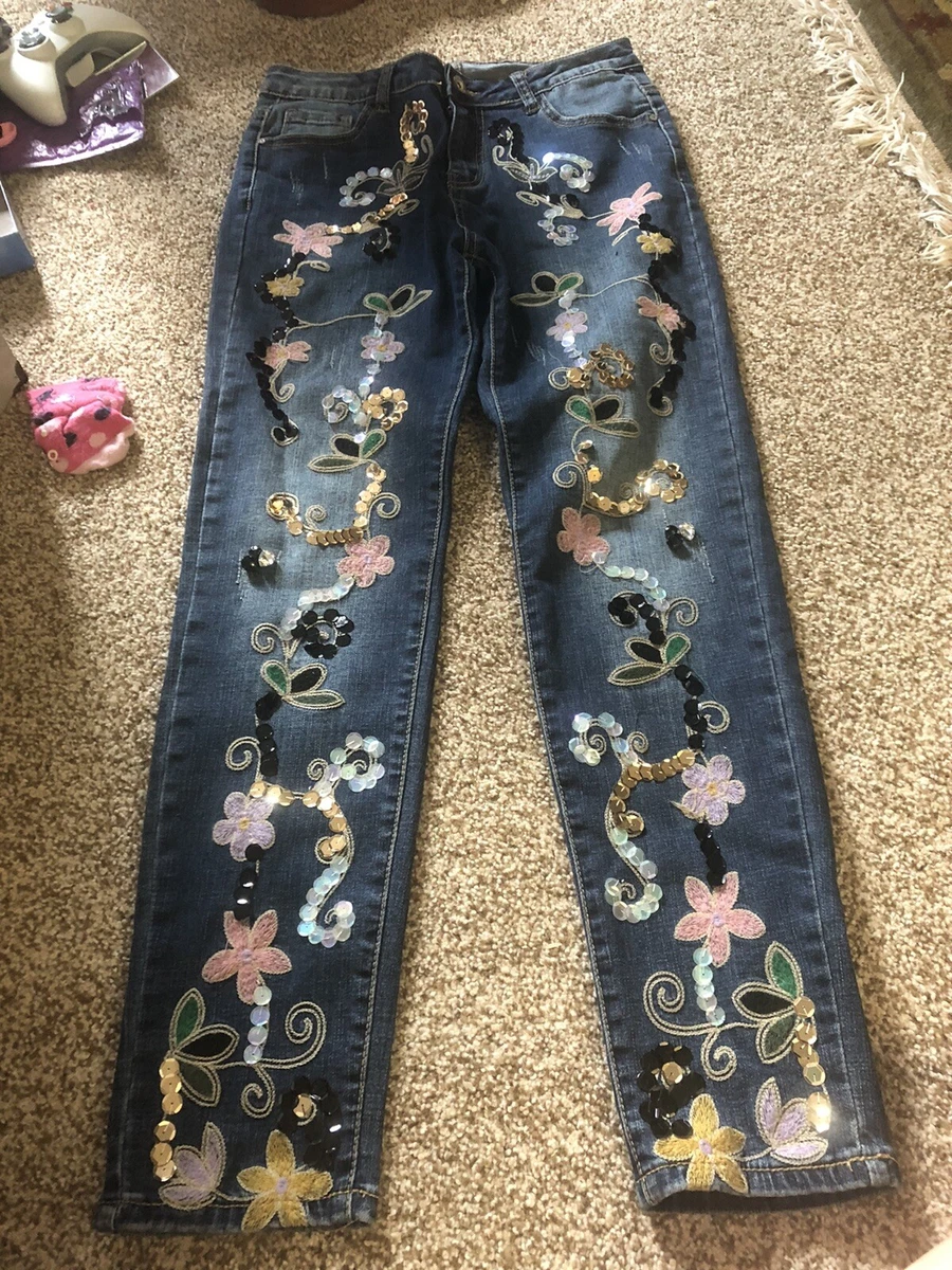 Mary D Aloia Italy Embroidered Floral Sequence Embellished Jeans 28 Stretch