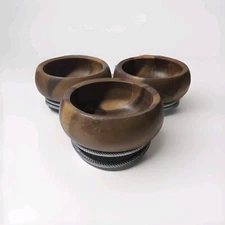 Nambe Braid Condiment Server Acacia Wood & Chrome Plate 3 Dip Bowls 12 oz 