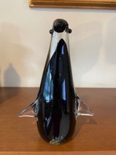Art Glass Penguin Clear And Black Figurine Paperweight 7” Smooth Pontil GUC