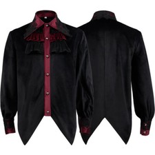 Men Lace Velvet Shirt Victorian Steampunk Gothic Button Ruffle Black Retro