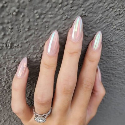 24pcs Medium Almond Press On Nails Mirror Effect Full Cover False Nails MJE-512