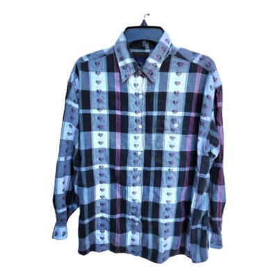 CST Blues Shirt Women's Size 1X Cotton Button Up Plaid Hearts Roll Tab Sleeve