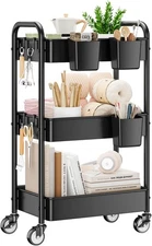 3 Tier Rolling Cart - Metal Utility Cart with Wheels, Hanging Cups, Hooks, Heavy