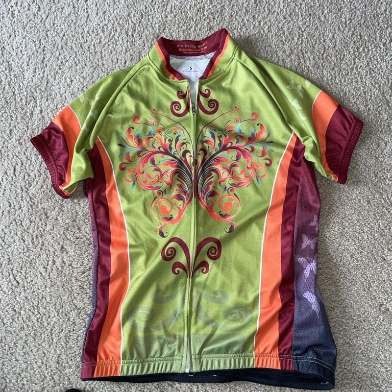 Cycling It's In My Heart Butterflies Jersey Women's size Small GreenMaroonOrange