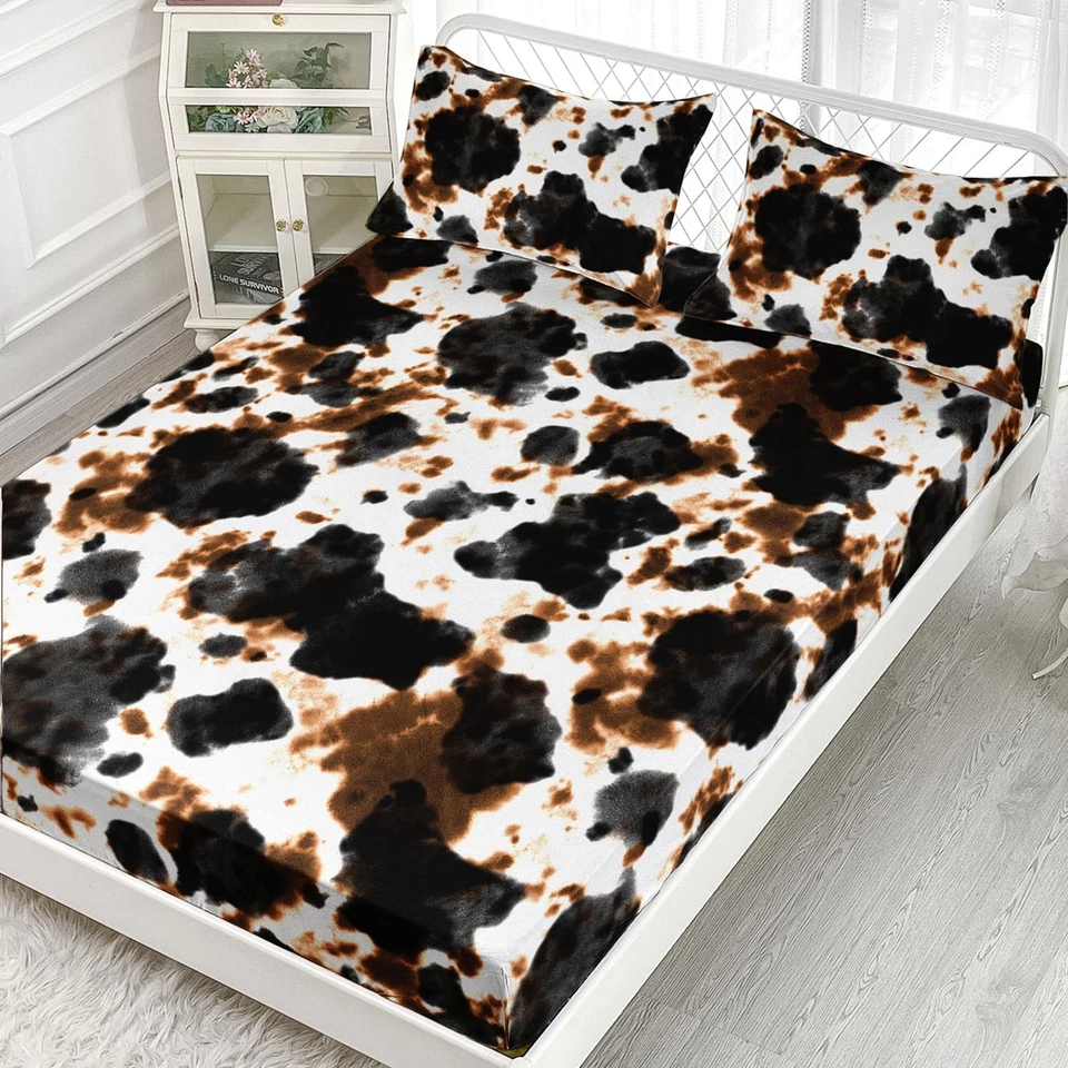 Juego de sábanas ajustables con patrón de cuero de vaca tamaño queen, juego de sábanas con estampado de vaca, piel de vaca con... Foto 2 de 4