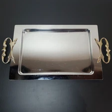 Vtg Kromex Two Tone 18"x9" MCM Serving Bar Vanity Tray Chrome & Brass Handles