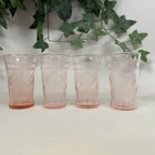 VTG Set of 4 Pink Depression Juice Glasses Flower Etching Beautiful Condition!