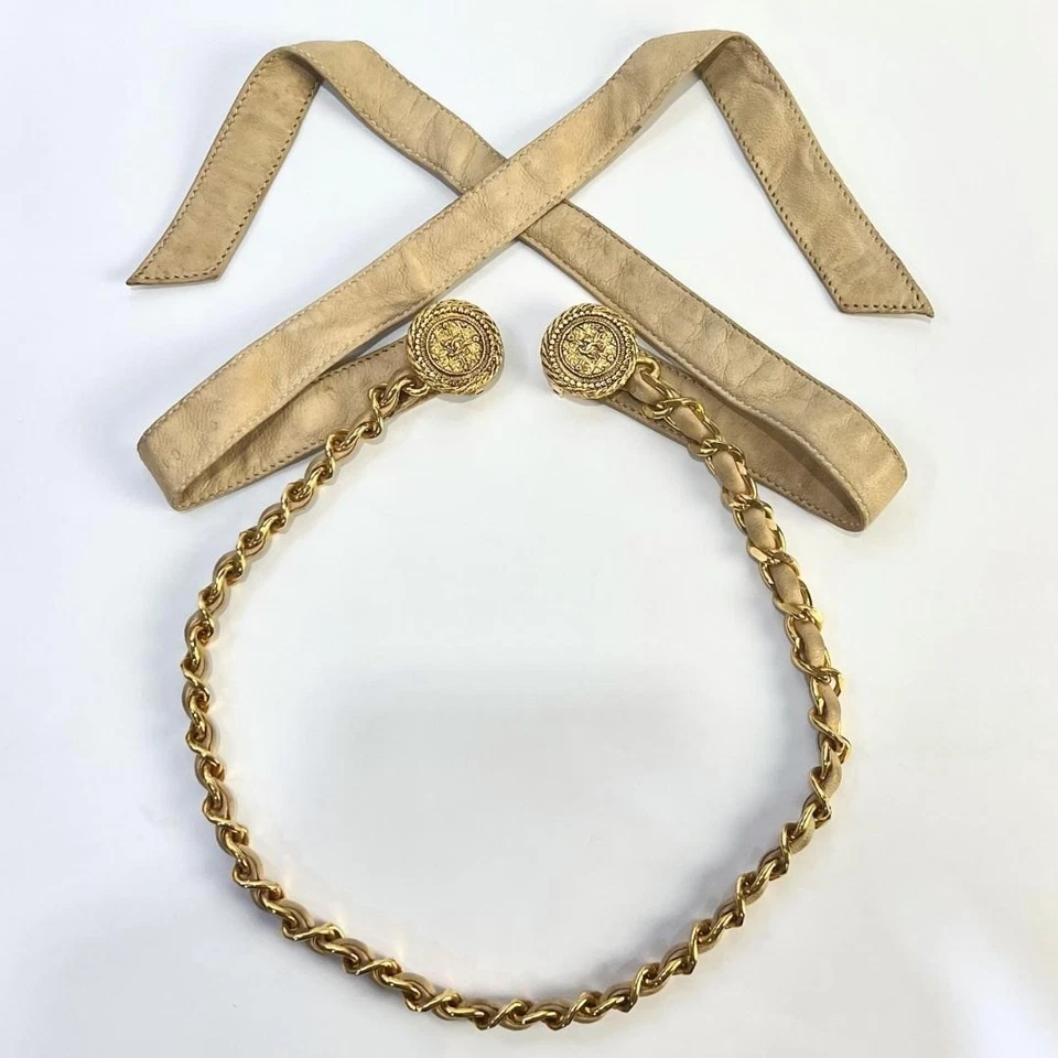 Auténtico accesorio de cinturón Chanel Coco Mark cinta cadena GP chapado en oro/beige/cuero Foto 2 de 4