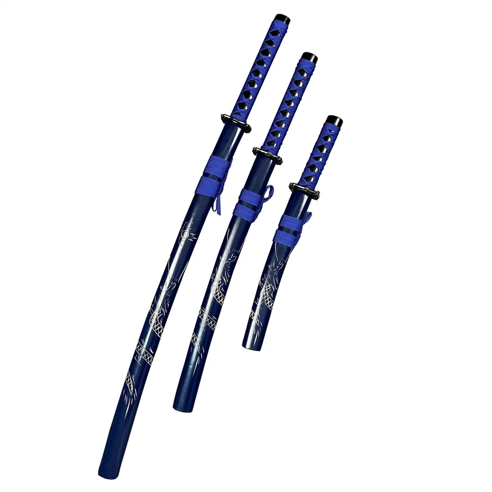 Conjunto de 3 Espadas Japonesas Samurai Katana com Suporte – Bainha Azul Marinho / 1060. - Imagem 3 de 4