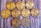 9 Walking Liberty Half Dollars 90% Silver, 1937, 1941, 1942, 1943 - 2Ds, 1S
