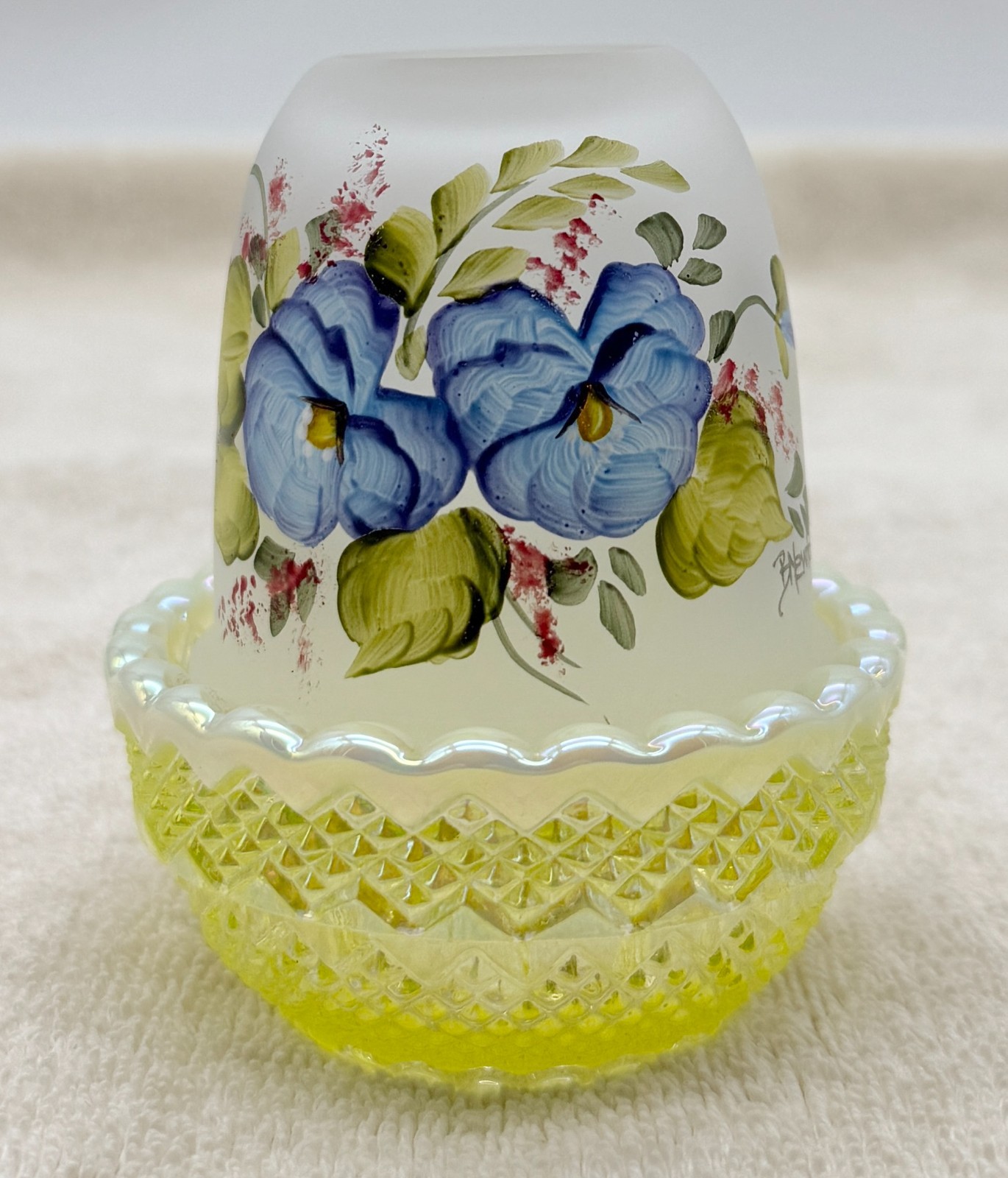 Mosser Painted Flowers with Uranium Base Fairy Lamp Hand Painted Signed