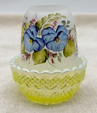 Mosser Painted Flowers with Uranium Base Fairy Lamp Hand Painted Signed