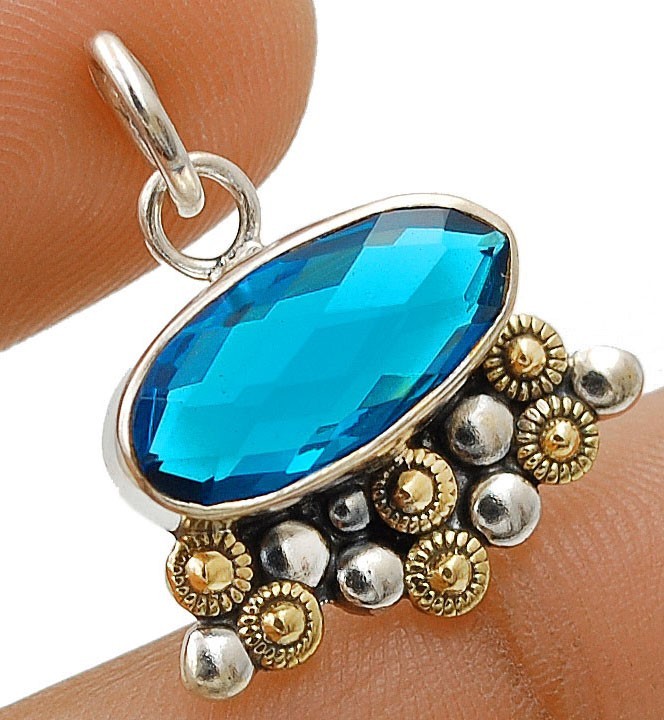 Two Tone 3CT Natural Flawless Blue Topaz 925 Sterling Silver Pendant @15-3
