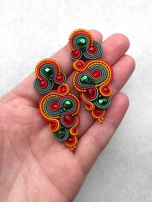 Smaragd Orange Rot Soutache Ohrringe Handarbeit Unikat Statement Schmuck Geschenk