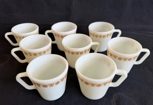 8 Vintage Pyrex Coffee Cups Golden Butterfly Design Milk Glass D Handle 1410