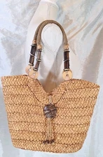 VTG Sun N Sand Woven Straw Tote Beach Bag Double Handle Lg Purse Wood Beads Boho