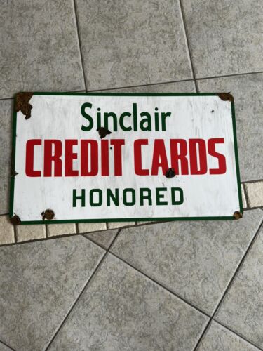 Antique Style Barn Find Look Sinclair Dino Gasoline Sales Credit Card Sign - Picture 1 of 2
