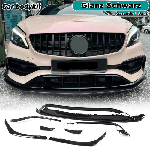 Labbro anteriore nero lucido splitter pinne flap canards per Mercedes W176 A45  - Foto 1 di 14