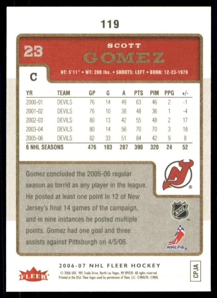 2006-07 Fleer Scott Gomez #119 - Image 2 of 2