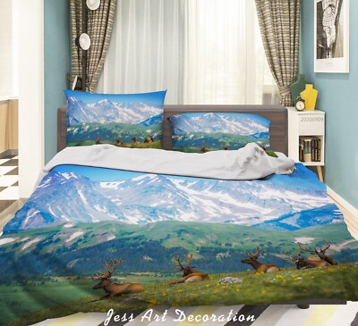 3D Elch Wiese Schneeberg Landschaft Steppdeckenbezüge Bettbezüge Set Bettwäsche