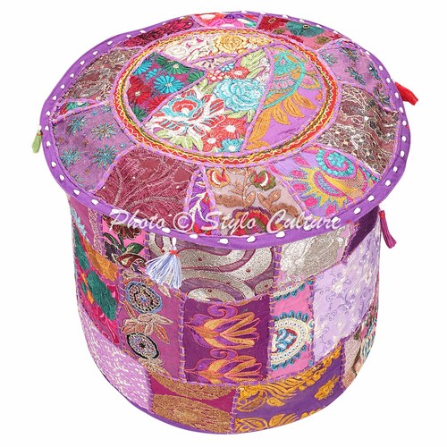 Vintage Pouf Ottoman Round Indian Ottoman Cover Poof Pouffe Foot Stool Ethnic - Picture 41 of 64