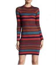 Gianni Bini Fitted Sweater Dress M Striped Colorful Rainbow Mini Bodycon Sheath