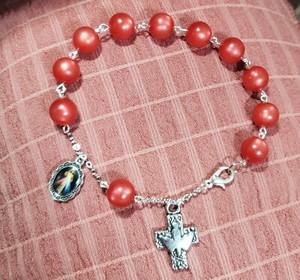 Red Pearlescent Rosary Bracelet W/ Divine Mercy Pendant And Holy Spirit Cross...