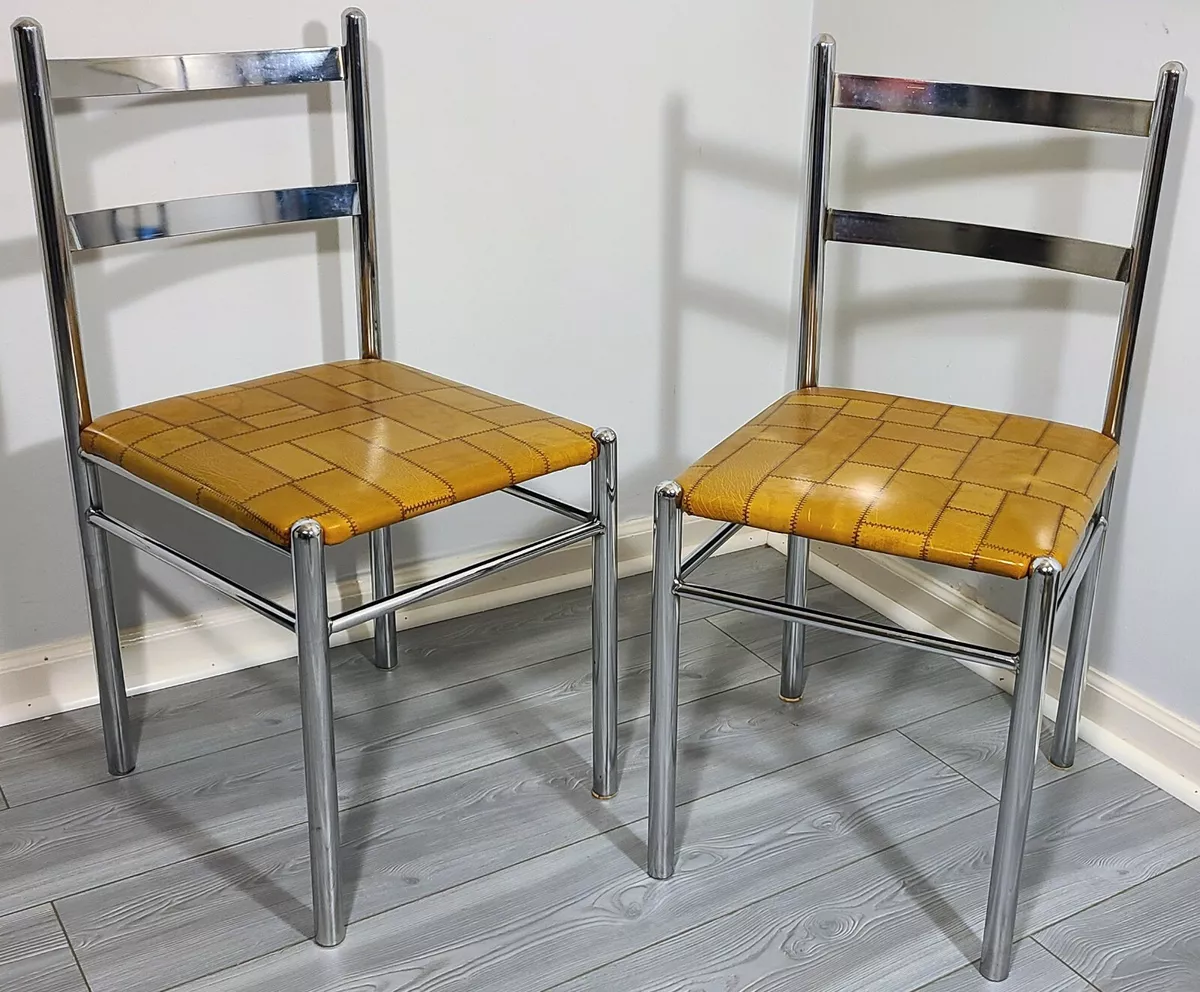 MID CENTURY MODERN CHROME STRAIGHT BACK DINING CHAIR PAIR VINTAGE 1970s LIBERTY