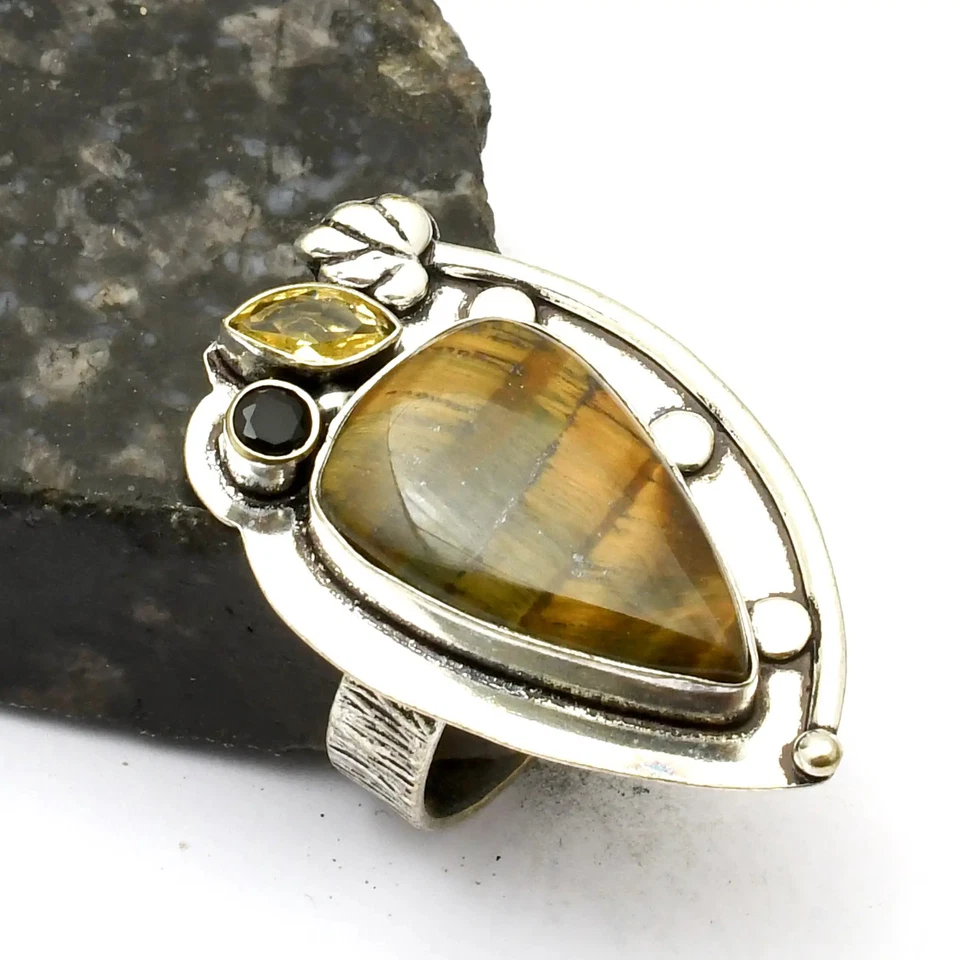Tigerauge Citrin Edelstein ethnische Handarbeit Ring Schmuck US-Größe - 8,5 AR 33440