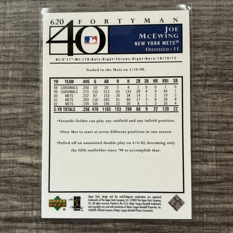 Joe McEwing New York Mets Baseball Trading Card 620 - Image 3 of 3