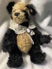 Knickerbocker Bear Co. 11" Mohair Plush Bear Black Lace Bow Pin Jointed Ear Pin