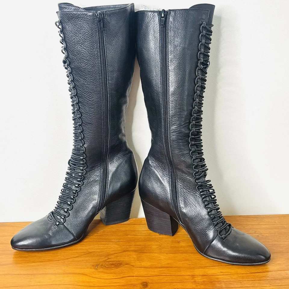 Django & Juliette Knee High Boots Black Leather Lace Up Block Heel Size 37 6 - image 3 of 4