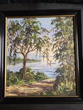 Original Oil Painting Signed-Mailyend'J Tropical Lakeside Scene With Canoeist