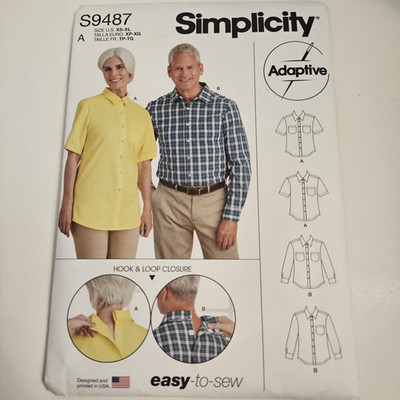 Simplicity S9487 Adaptive Shirt Unisex XS-XL Easy Sew Hook Loop Closure Pattern