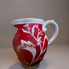 Fitz and Floyd Pitcher Jug Town & Country, Hand Crafted Red White 12 Cups 96 Oz.