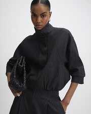 River Island Womens Bomber Jacket Grey Pinstripe Funnel Neck Outerwear Top