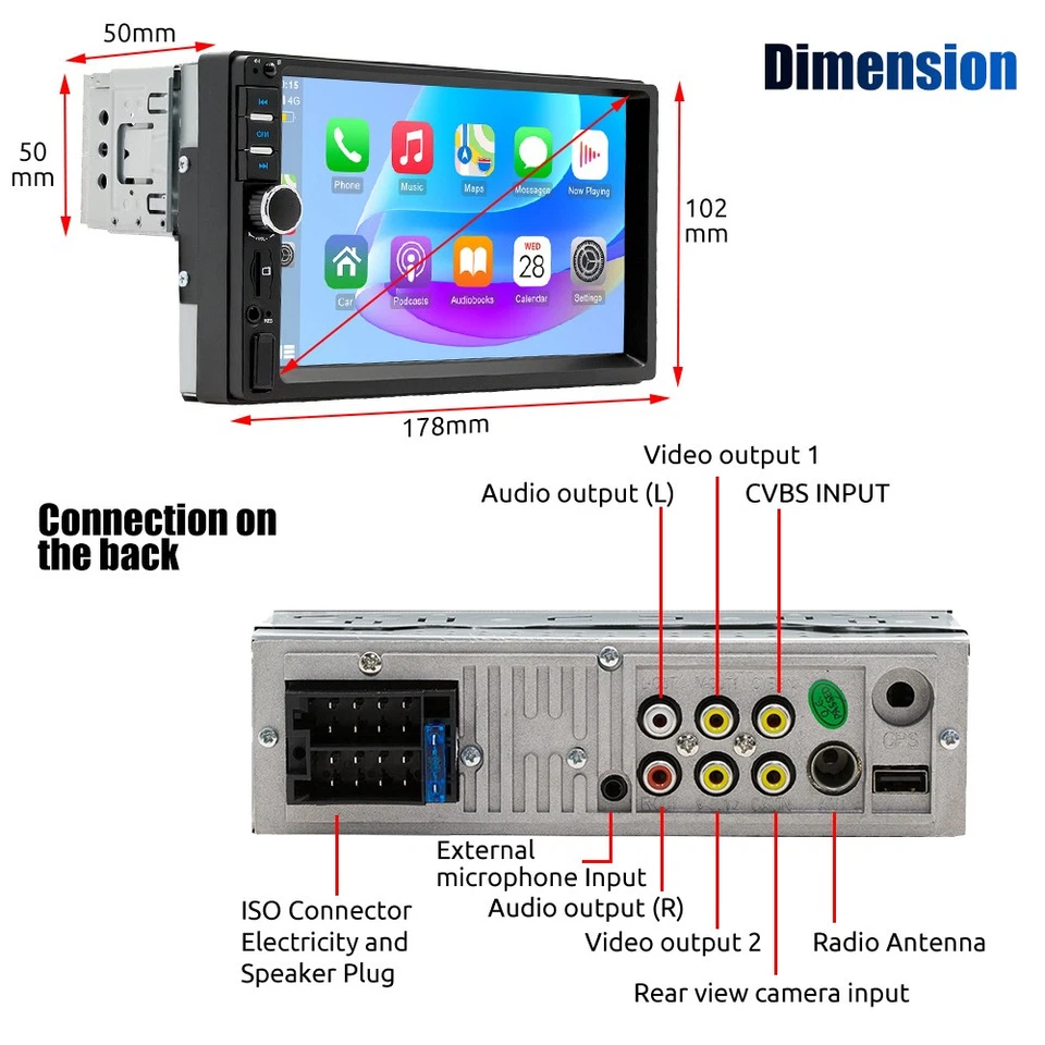 Single 1 DIN 7" Car Stereo BT CarPlay FM Radio Touch Screen with Backup Camera - Image 3 of 4