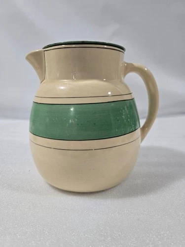 Roseville Creamware Utility Green Black Band Ceramic Pitcher with  Lid Vintage