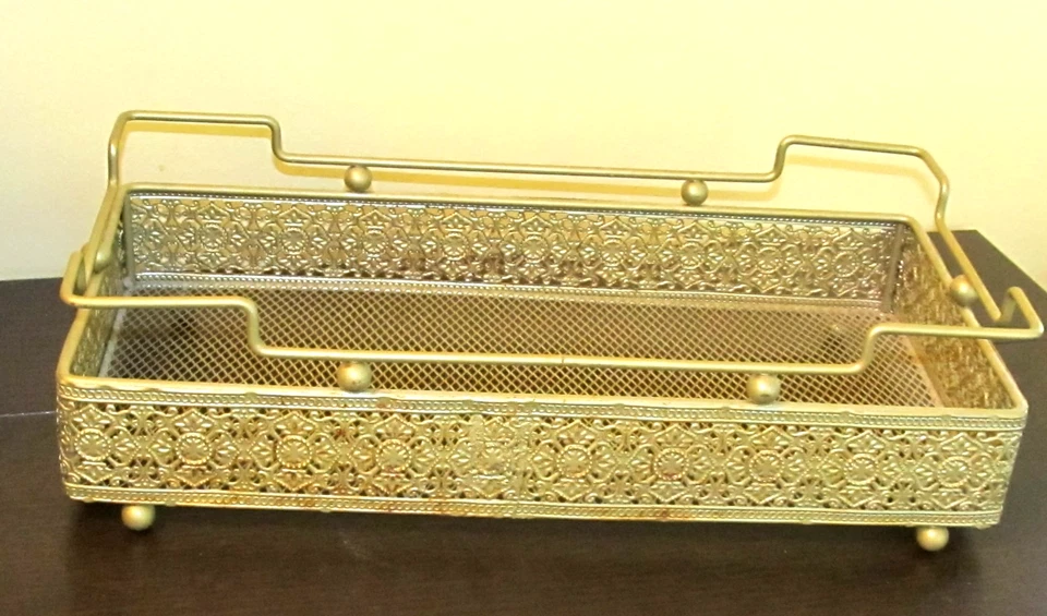 3pc Vtg Ormolu Metal Filigree RARE Toilet Tissue;Toiletry Set-Hollywood Regency - Image 4 of 4