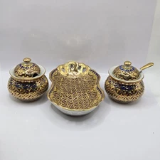 Handpainted Set Thai Gold Tone Pottery BENJARONG Porcelain Golden Leaf Trim VTG 