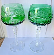Green Crystal Cut to Clear 8" Wine Hock Glasses Germany Lausitzer Mint Condition