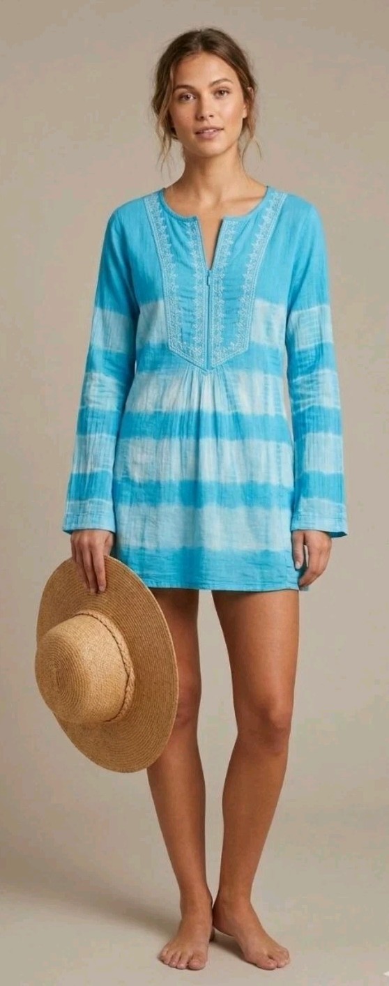 Athleta Blue Tie Dye Cotton Half Zip Tunic Swim Cover Up! Size M