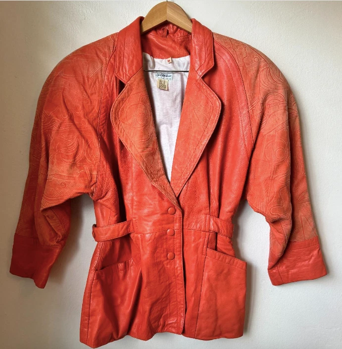 Chaqueta de Cuero Vintage Saks Fifth Avenue Naranja Talla M